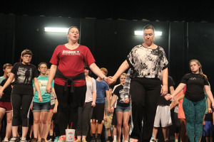 Teachers Jennifer Bussear and Stephanie Smith lead students through the dance audition workshop.