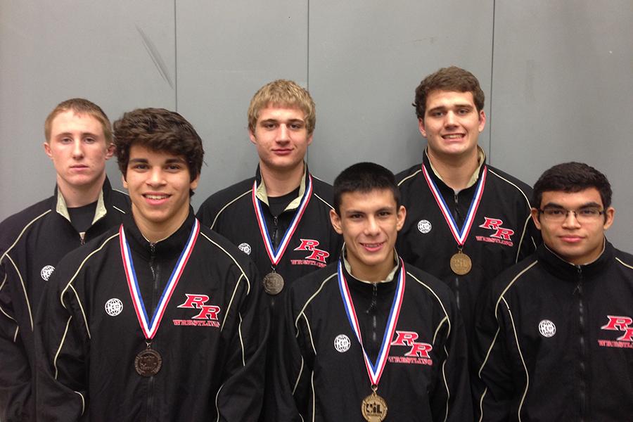 Six wrestlers competed and placed at regionals, Feb. 13-14. From left: Chris Schubert, Dylan Rowling, Jesse Moser, Noah Martinez, Jake Moser and Jose Rangel.