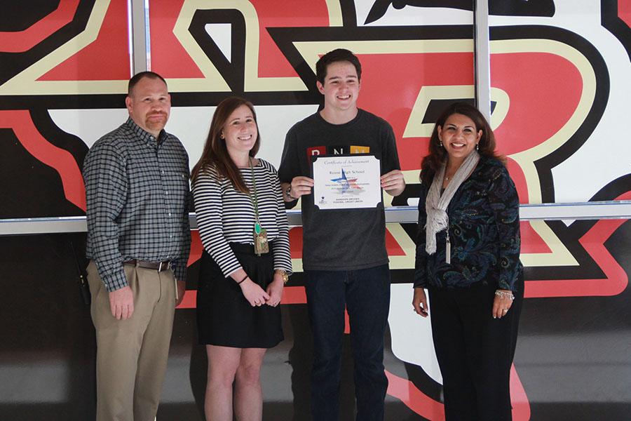 Principal John Graham, Broadcast adviser Leah Sneed, junior Zac Franklin and LISDs Veronica Sopher. LISD recognized RNN for being a finalist for the It Matters video competition.