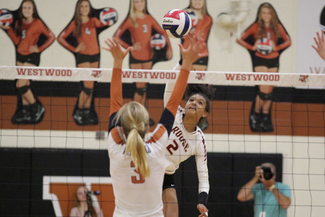 elan McCall goes up for the kill in the Westwood match.