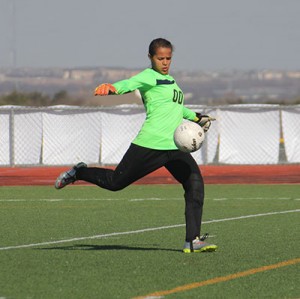 Goalie Celise Phillips returns the ball to play in the Anderson match.