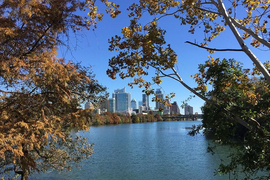 Theres a great view of the Austin skyline from Lou Neff Point on the Lady Bird Hike and Bike Trail.