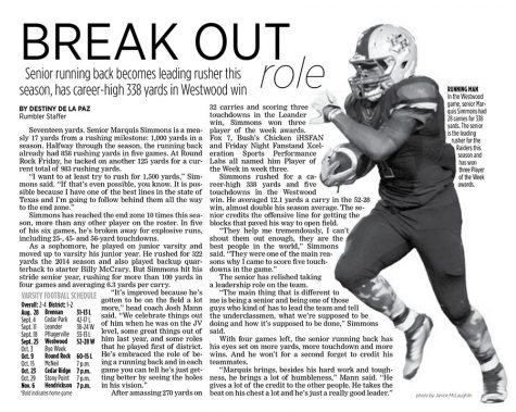 Junior Destiny De La Paz took third place in the sports feature writing category for the ILPC newspaper IAAs. The feature is about senior runningback Marquis Simmons and his final football season.