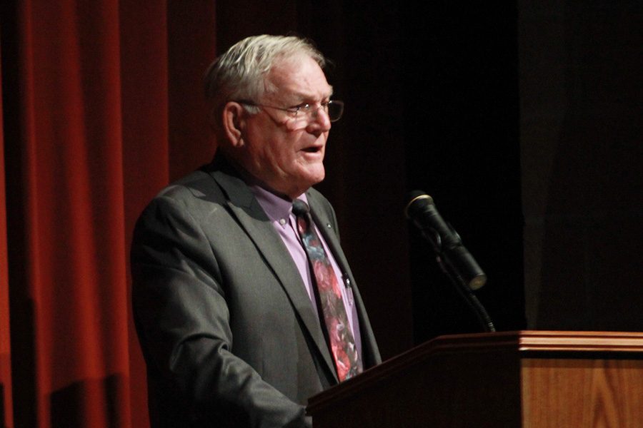 Charley Rouse speaks at the freshman Rouse Scholars ceremony, April 2014.