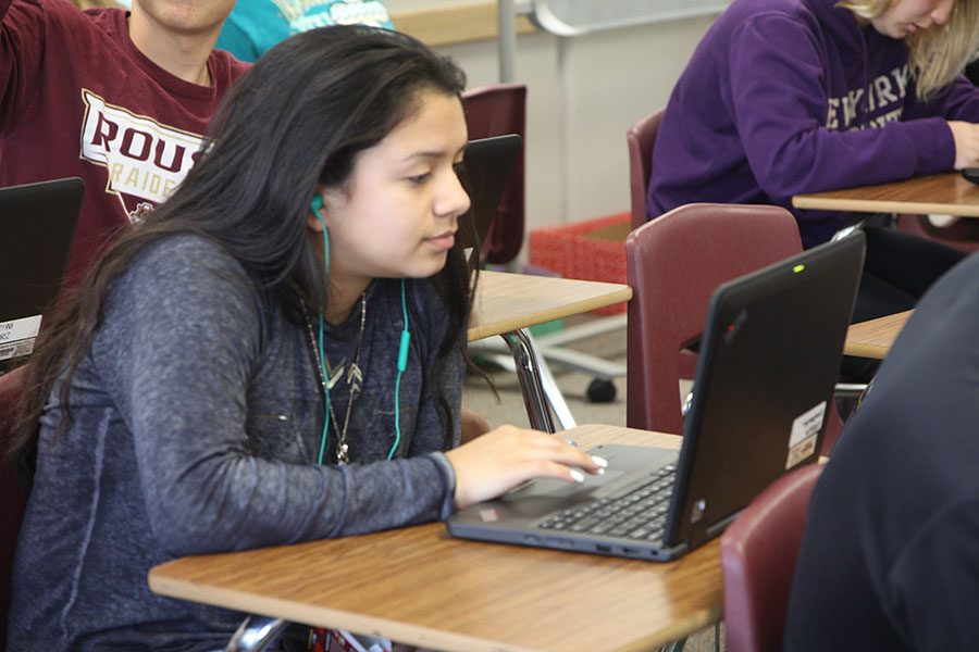 Freshman Erika Sandoval uses her laptop in AVID and Professional Communications third period.