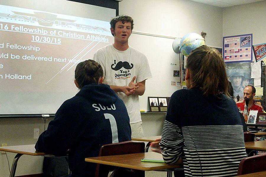 Senior Cameron Holland speaks at the Oct. 30 FCA meeting.