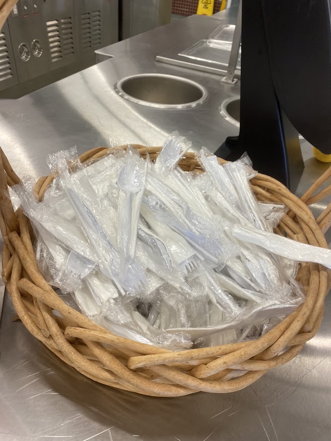 Mountains of Plastic: There is not a single recycling bin in the Rouse cafeteria, however plastic utensils are offered everywhere. The plastic wrapping can be recycled as well. “There should be recycling bins,” sophomore Baile Higginbotham said. “I think we use a lot of plastic [and] that can be bad for our climate.”